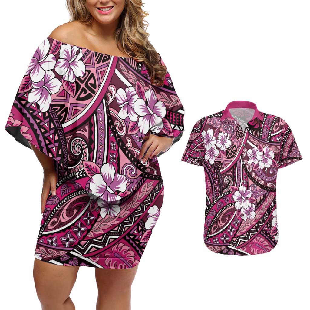 Polynesian Hibiscus Tropical Pink Floral Couples Matching Off Shoulder Short Dress and Hawaiian Shirt Tribal Pattern - Polynesian Pride