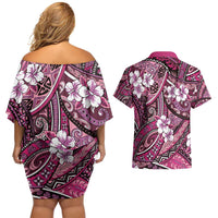 Polynesian Hibiscus Tropical Pink Floral Couples Matching Off Shoulder Short Dress and Hawaiian Shirt Tribal Pattern - Polynesian Pride