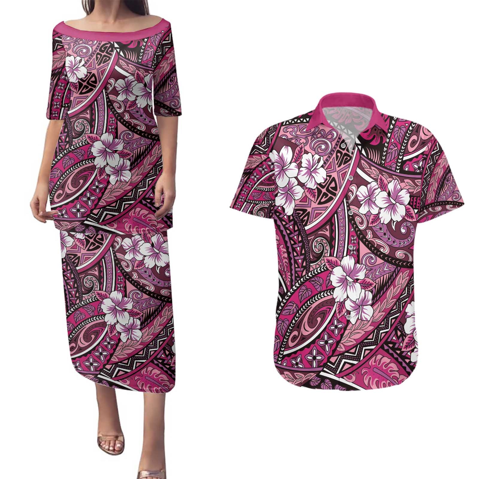 Polynesian Hibiscus Tropical Pink Floral Couples Matching Puletasi and Hawaiian Shirt Tribal Pattern - Polynesian Pride