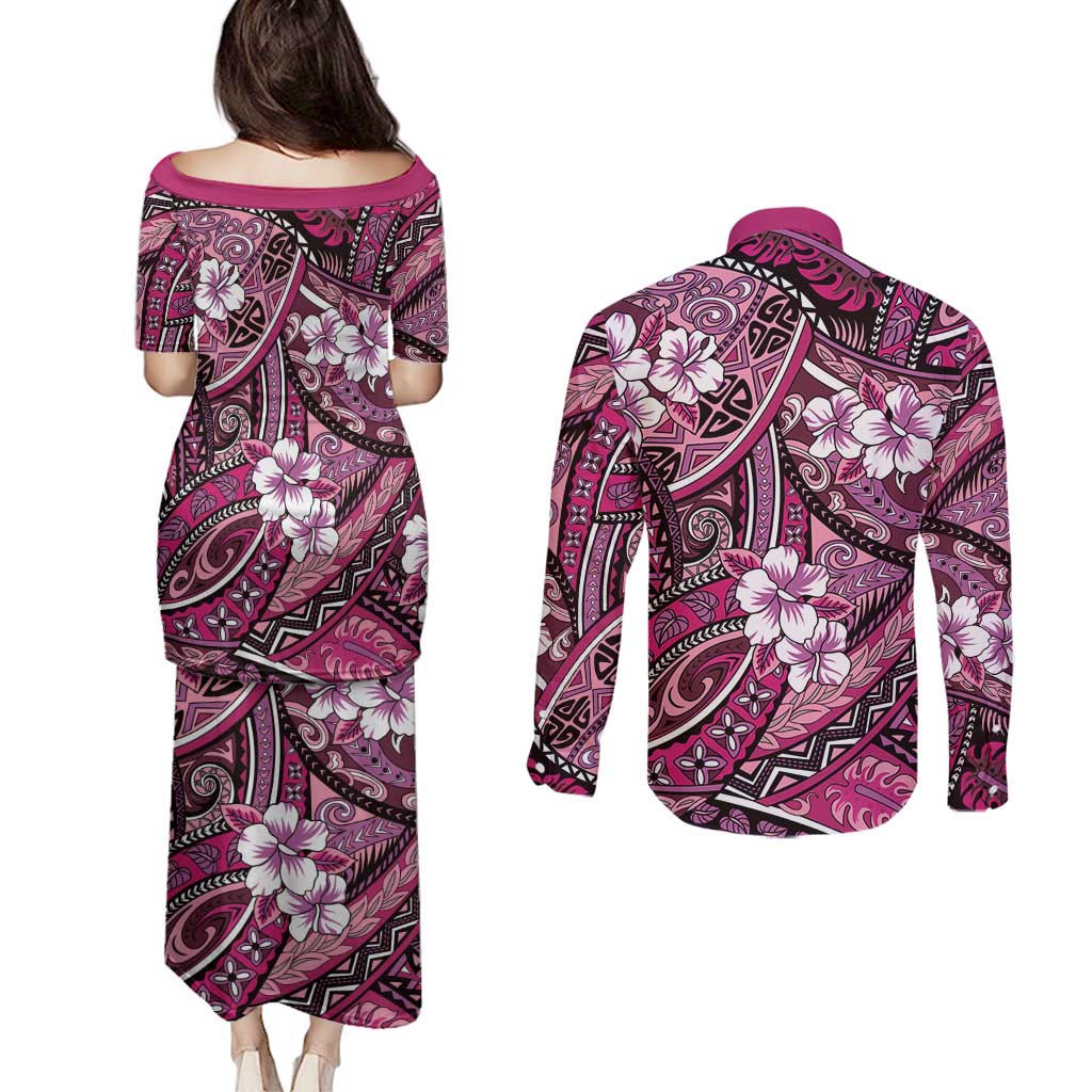 Polynesian Hibiscus Tropical Pink Floral Couples Matching Puletasi and Long Sleeve Button Shirt Tribal Pattern LT01 - Polynesian Pride