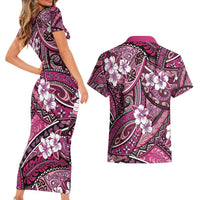 Polynesian Hibiscus Tropical Pink Floral Couples Matching Short Sleeve Bodycon Dress and Hawaiian Shirt Tribal Pattern - Polynesian Pride