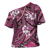 Polynesian Hibiscus Tropical Pink Floral Cross Shoulder Shirt Tribal Pattern - Polynesian Pride