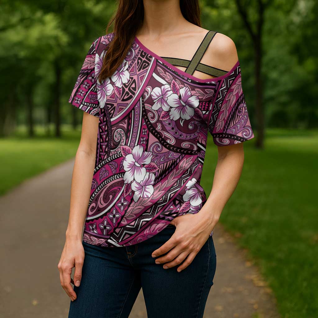 Polynesian Hibiscus Tropical Pink Floral Cross Shoulder Shirt Tribal Pattern - Polynesian Pride