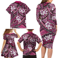 Polynesian Hibiscus Tropical Pink Floral Family Matching Long Sleeve Bodycon Dress and Hawaiian Shirt Tribal Pattern - Polynesian Pride