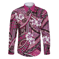 Polynesian Hibiscus Tropical Pink Floral Family Matching Off The Shoulder Long Sleeve Dress and Hawaiian Shirt Tribal Pattern - Polynesian Pride