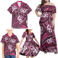 Polynesian Hibiscus Tropical Pink Floral Family Matching Off Shoulder Maxi Dress and Hawaiian Shirt Tribal Pattern - Polynesian Pride