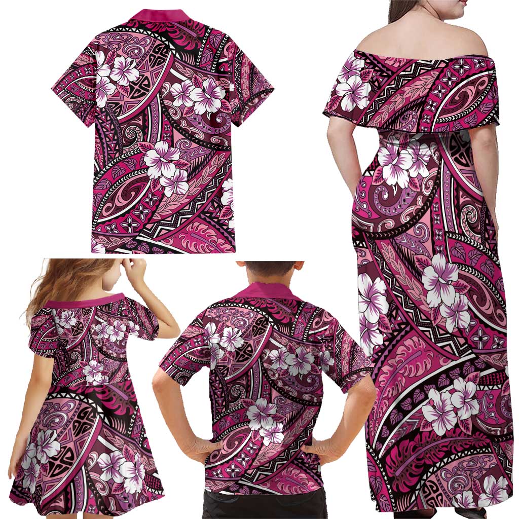 Polynesian Hibiscus Tropical Pink Floral Family Matching Off Shoulder Maxi Dress and Hawaiian Shirt Tribal Pattern - Polynesian Pride