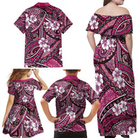 Polynesian Hibiscus Tropical Pink Floral Family Matching Off Shoulder Maxi Dress and Hawaiian Shirt Tribal Pattern - Polynesian Pride