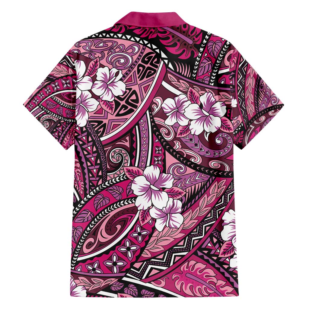 Polynesian Hibiscus Tropical Pink Floral Family Matching Off Shoulder Maxi Dress and Hawaiian Shirt Tribal Pattern - Polynesian Pride