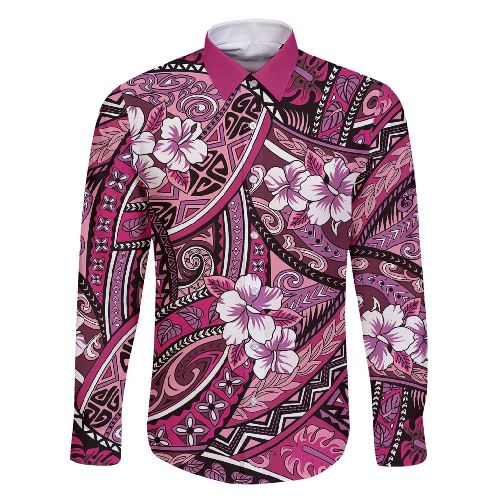 Polynesian Hibiscus Tropical Pink Floral Family Matching Off Shoulder Short Dress and Hawaiian Shirt Tribal Pattern - Polynesian Pride