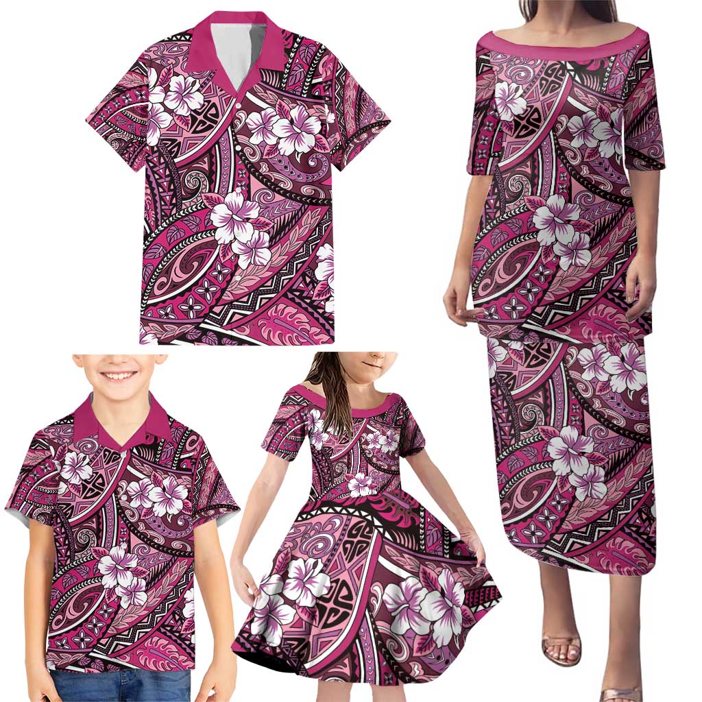 Polynesian Hibiscus Tropical Pink Floral Family Matching Puletasi and Hawaiian Shirt Tribal Pattern - Polynesian Pride