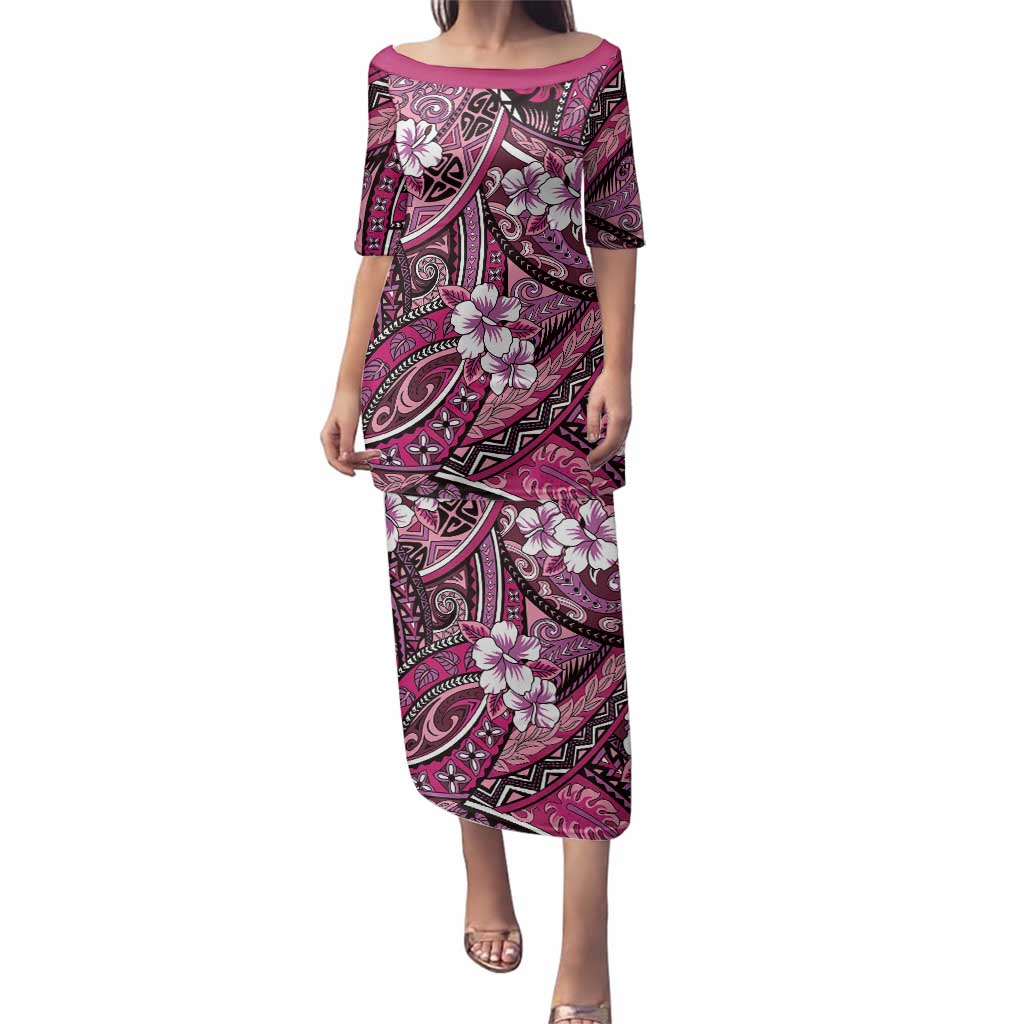 Polynesian Hibiscus Tropical Pink Floral Family Matching Puletasi and Hawaiian Shirt Tribal Pattern - Polynesian Pride