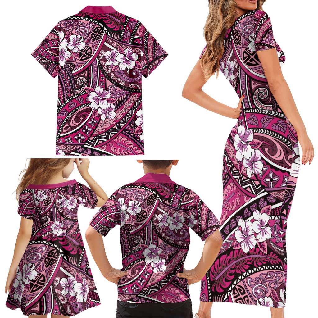 Polynesian Hibiscus Tropical Pink Floral Family Matching Short Sleeve Bodycon Dress and Hawaiian Shirt Tribal Pattern - Polynesian Pride