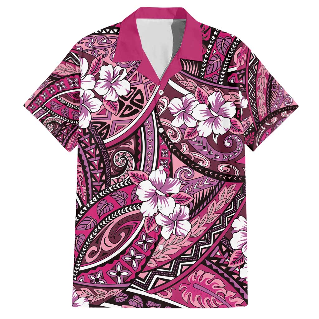 Polynesian Hibiscus Tropical Pink Floral Family Matching Short Sleeve Bodycon Dress and Hawaiian Shirt Tribal Pattern - Polynesian Pride