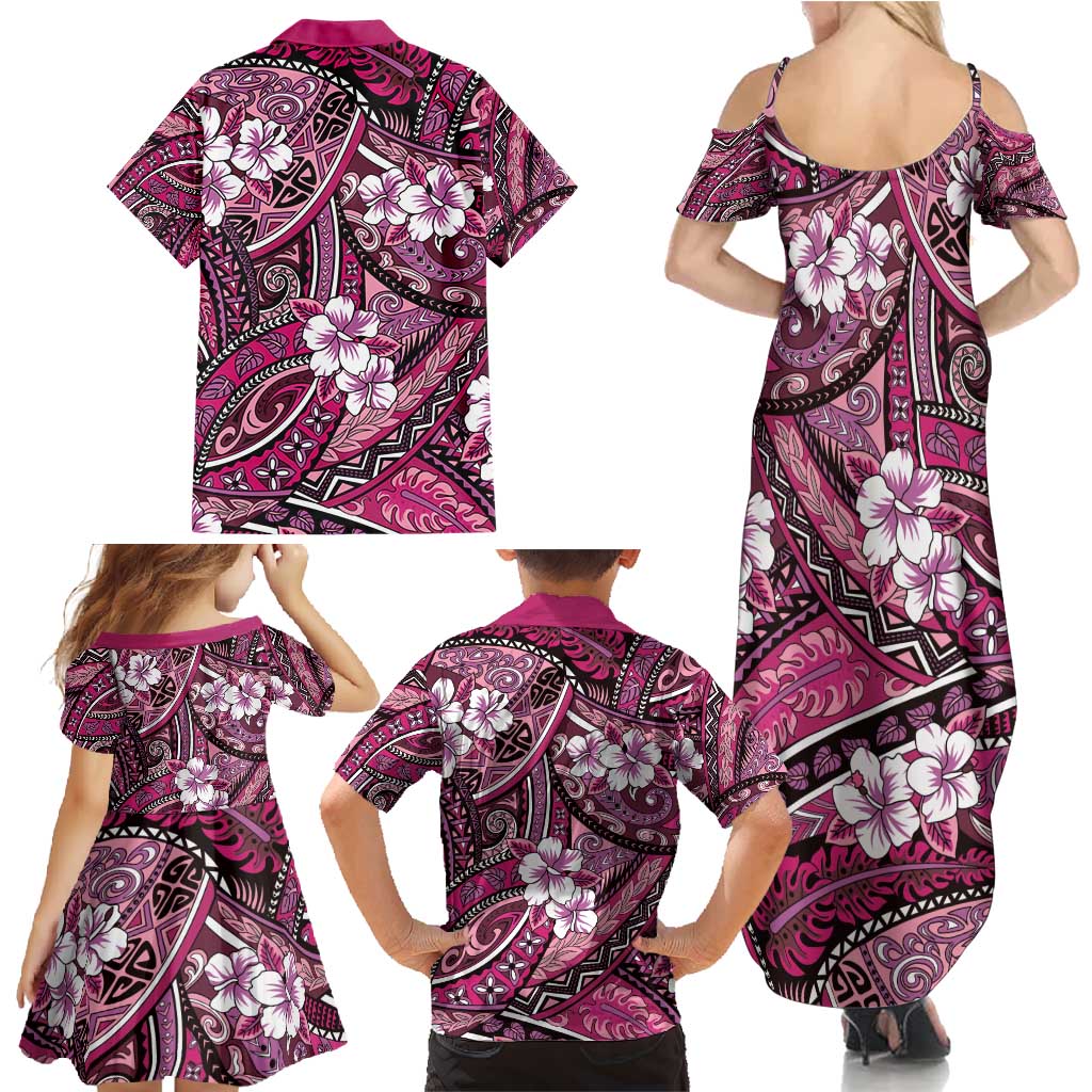 Polynesian Hibiscus Tropical Pink Floral Family Matching Summer Maxi Dress and Hawaiian Shirt Tribal Pattern - Polynesian Pride