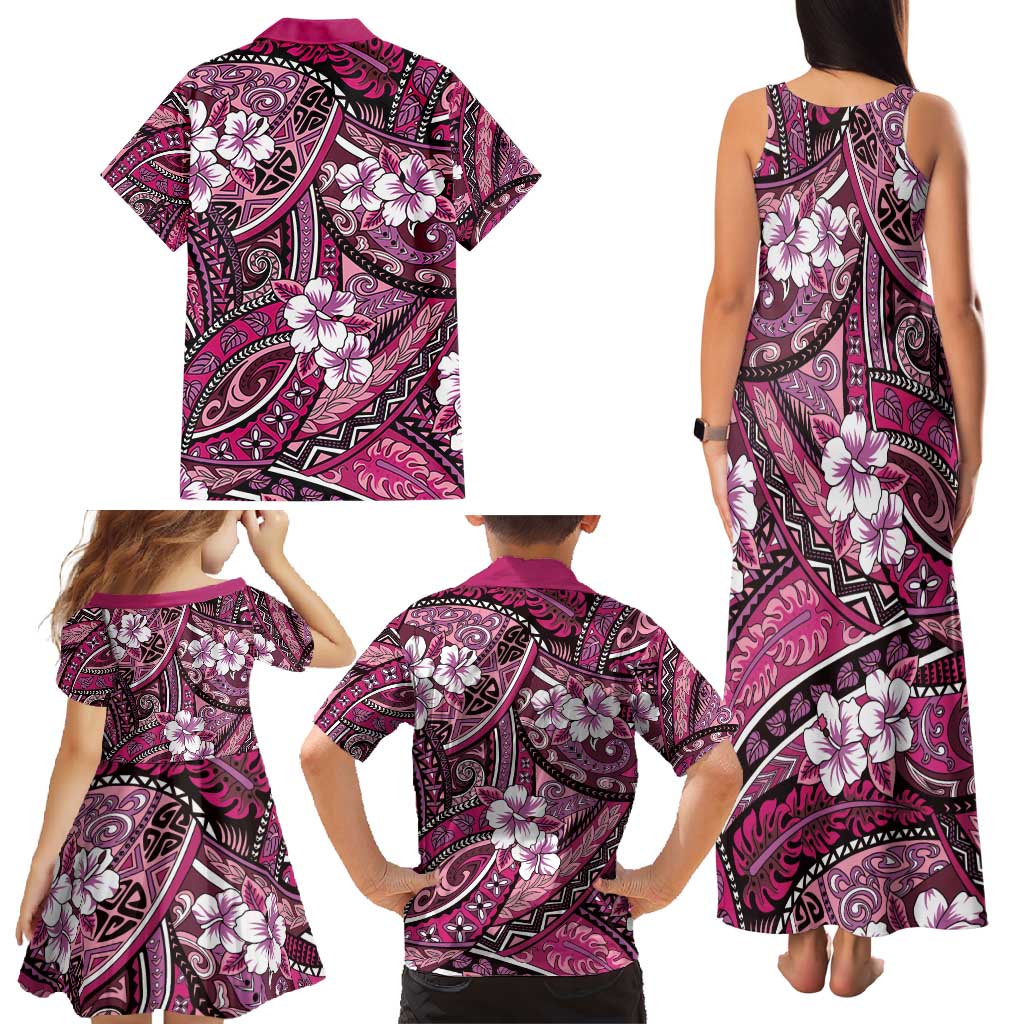 Polynesian Hibiscus Tropical Pink Floral Family Matching Tank Maxi Dress and Hawaiian Shirt Tribal Pattern - Polynesian Pride