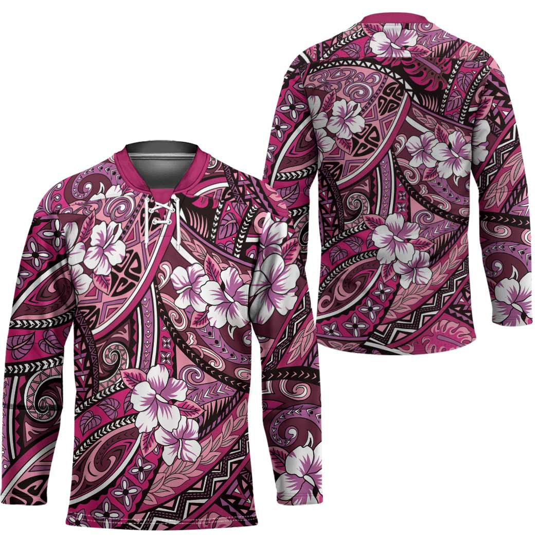 Polynesian Hibiscus Tropical Pink Floral Hockey Jersey Tribal Pattern - Polynesian Pride