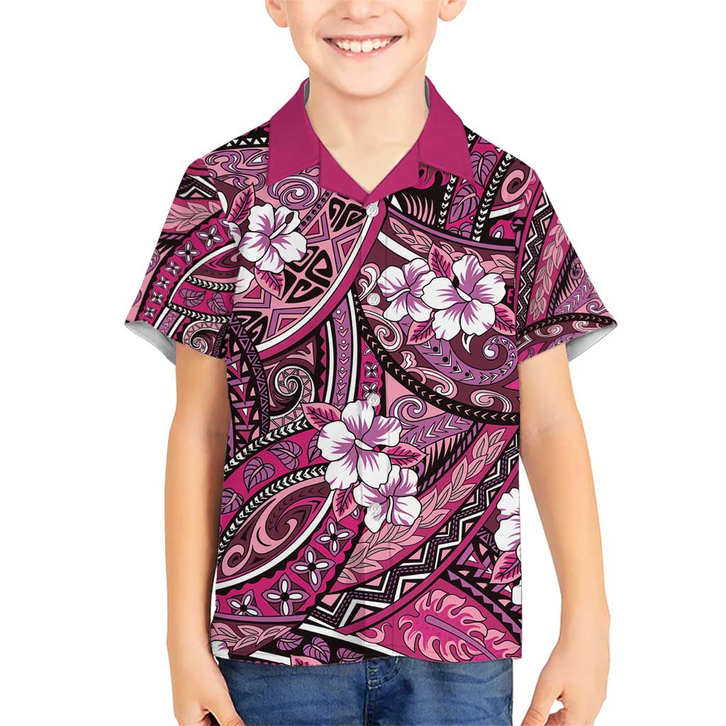 Polynesian Hibiscus Tropical Pink Floral Kid Hawaiian Shirt Tribal Pattern - Polynesian Pride