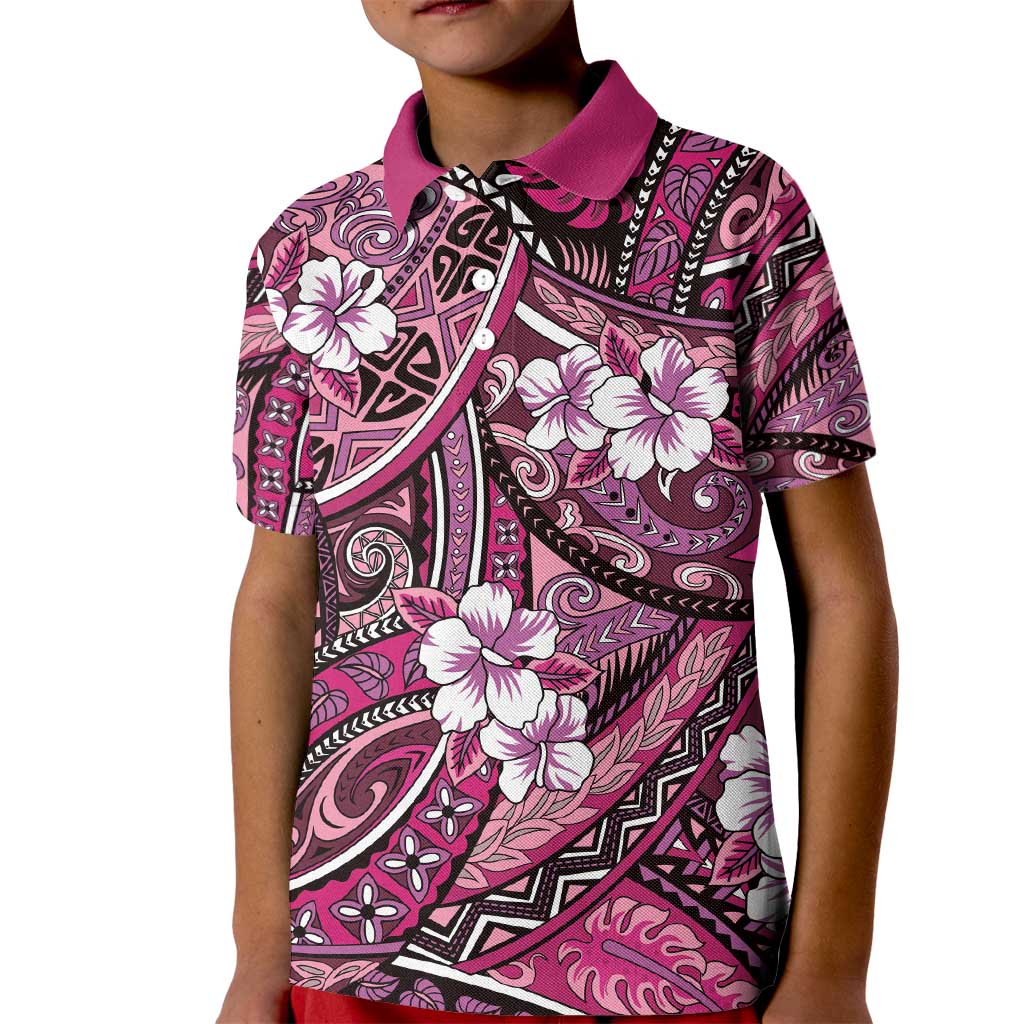 Polynesian Hibiscus Tropical Pink Floral Kid Polo Shirt Tribal Pattern - Polynesian Pride