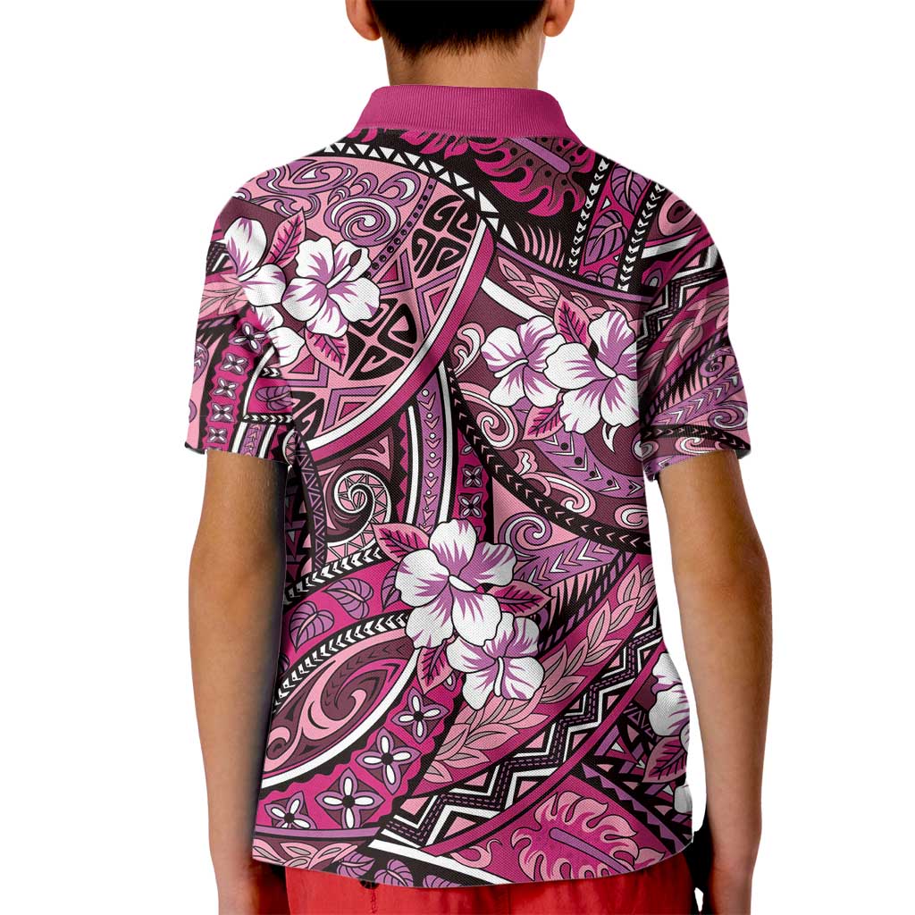 Polynesian Hibiscus Tropical Pink Floral Kid Polo Shirt Tribal Pattern - Polynesian Pride