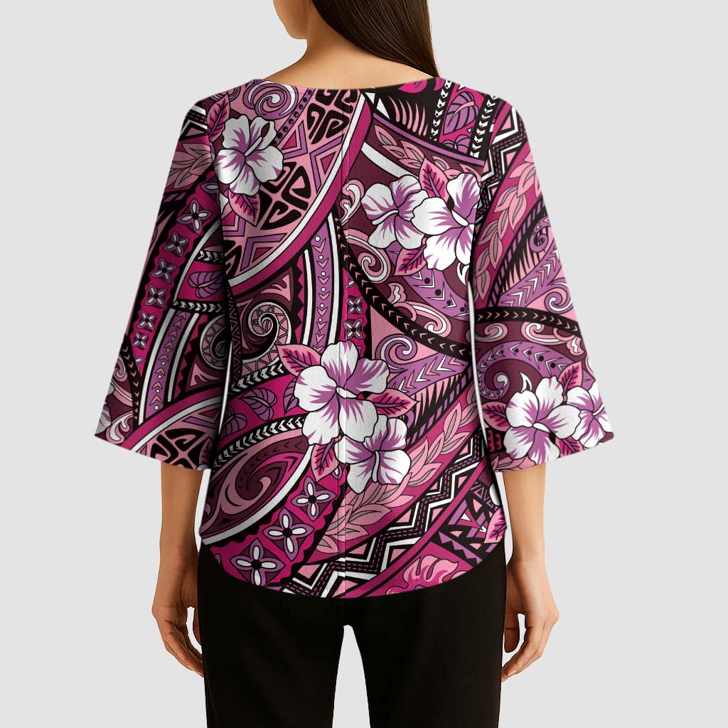Polynesian Hibiscus Tropical Pink Floral Kimono Sleeve Blouse Tribal Pattern - Polynesian Pride