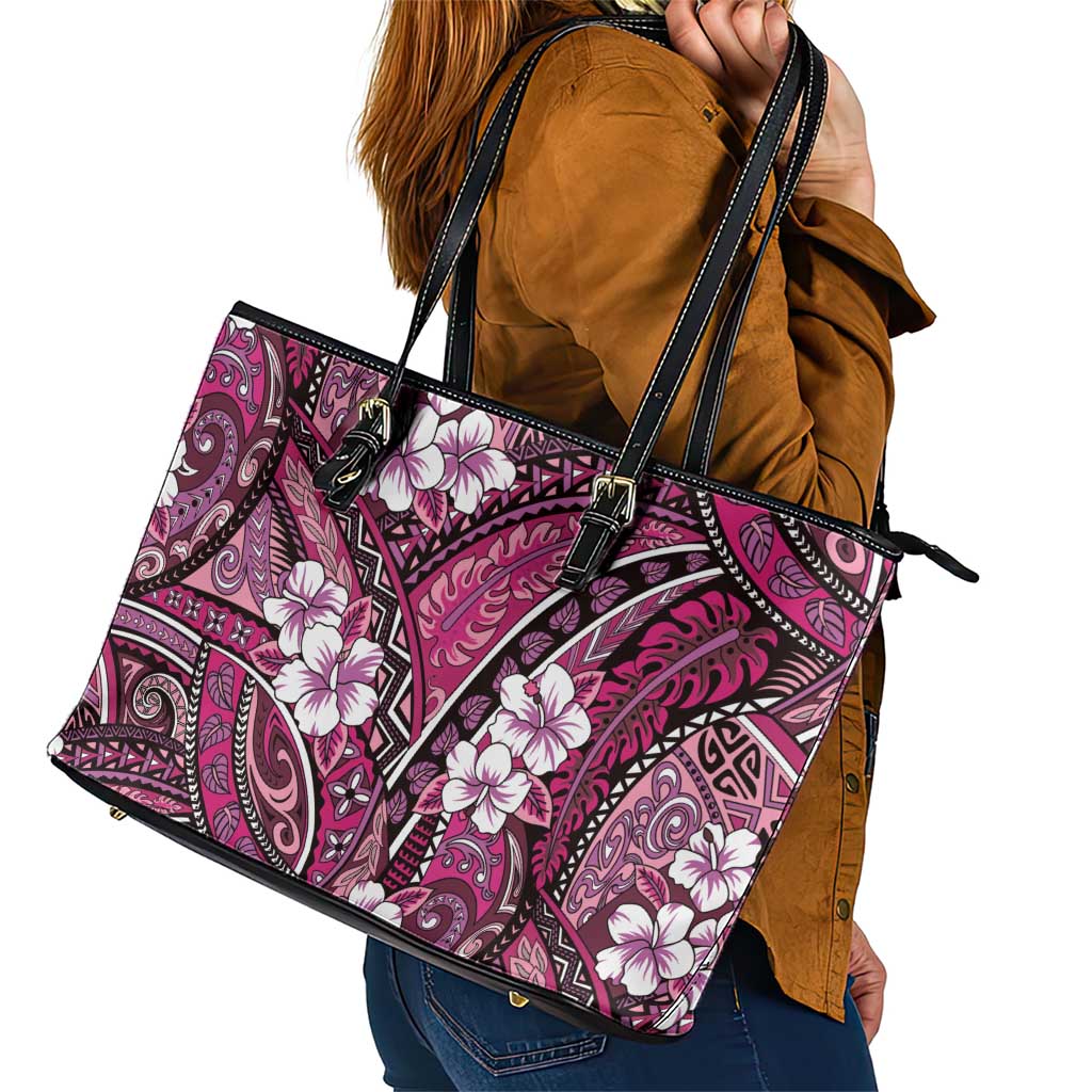 Polynesian Hibiscus Tropical Pink Floral Leather Tote Bag Tribal Pattern - Polynesian Pride