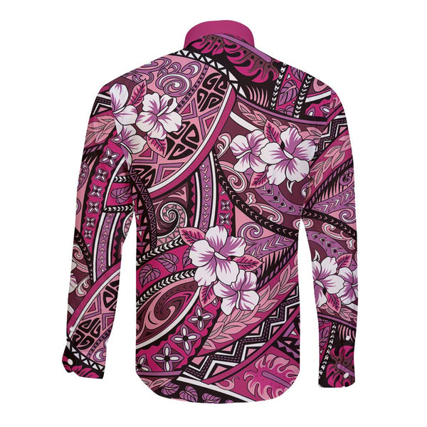 Polynesian Hibiscus Tropical Pink Floral Long Sleeve Button Shirt ...