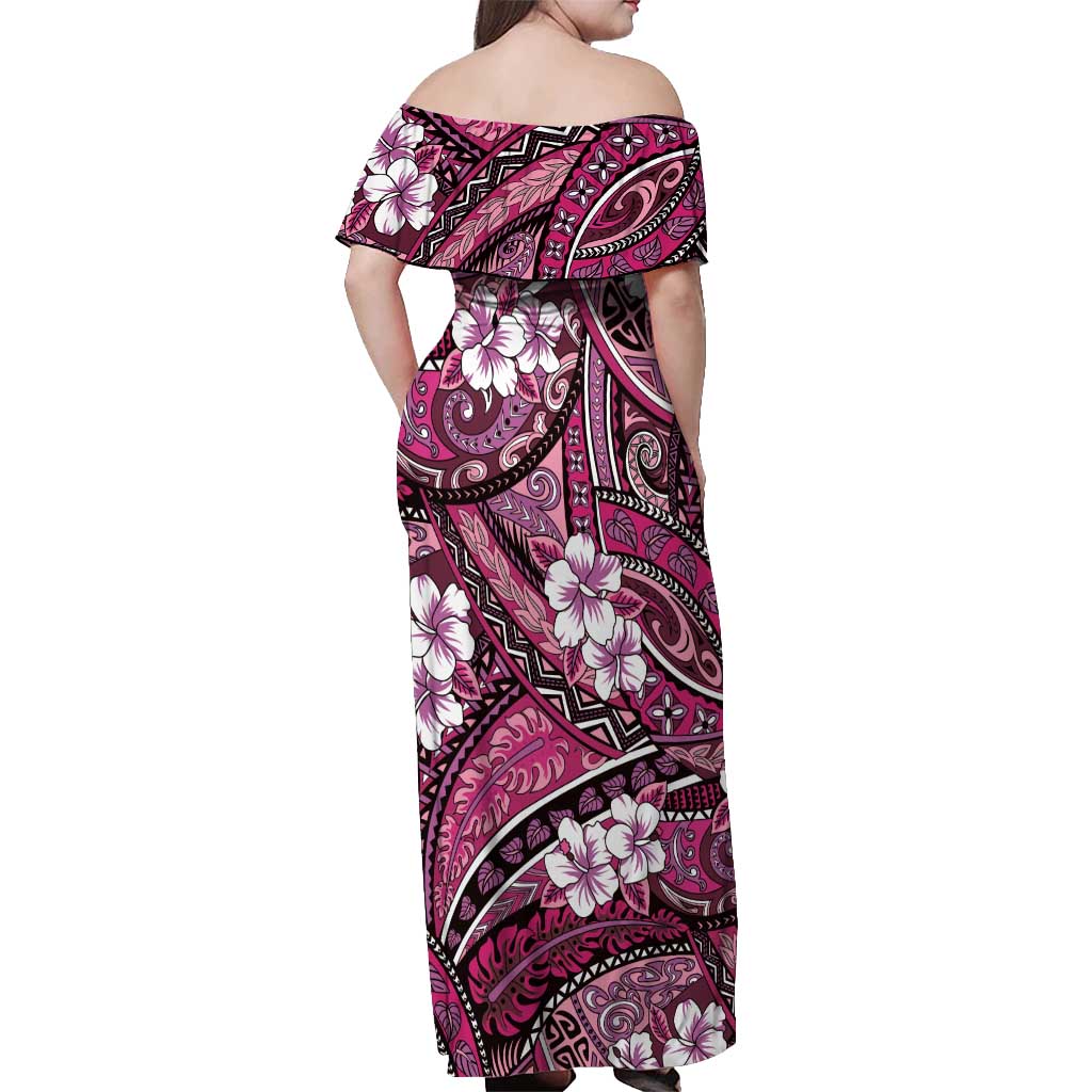 Polynesian Hibiscus Tropical Pink Floral Off Shoulder Maxi Dress Tribal Pattern - Polynesian Pride