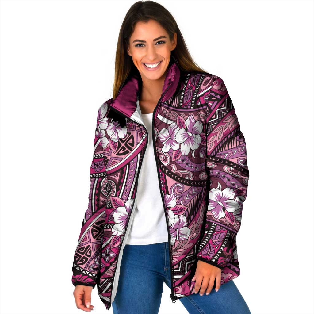 Polynesian Hibiscus Tropical Pink Floral Padded Jacket Tribal Pattern - Polynesian Pride