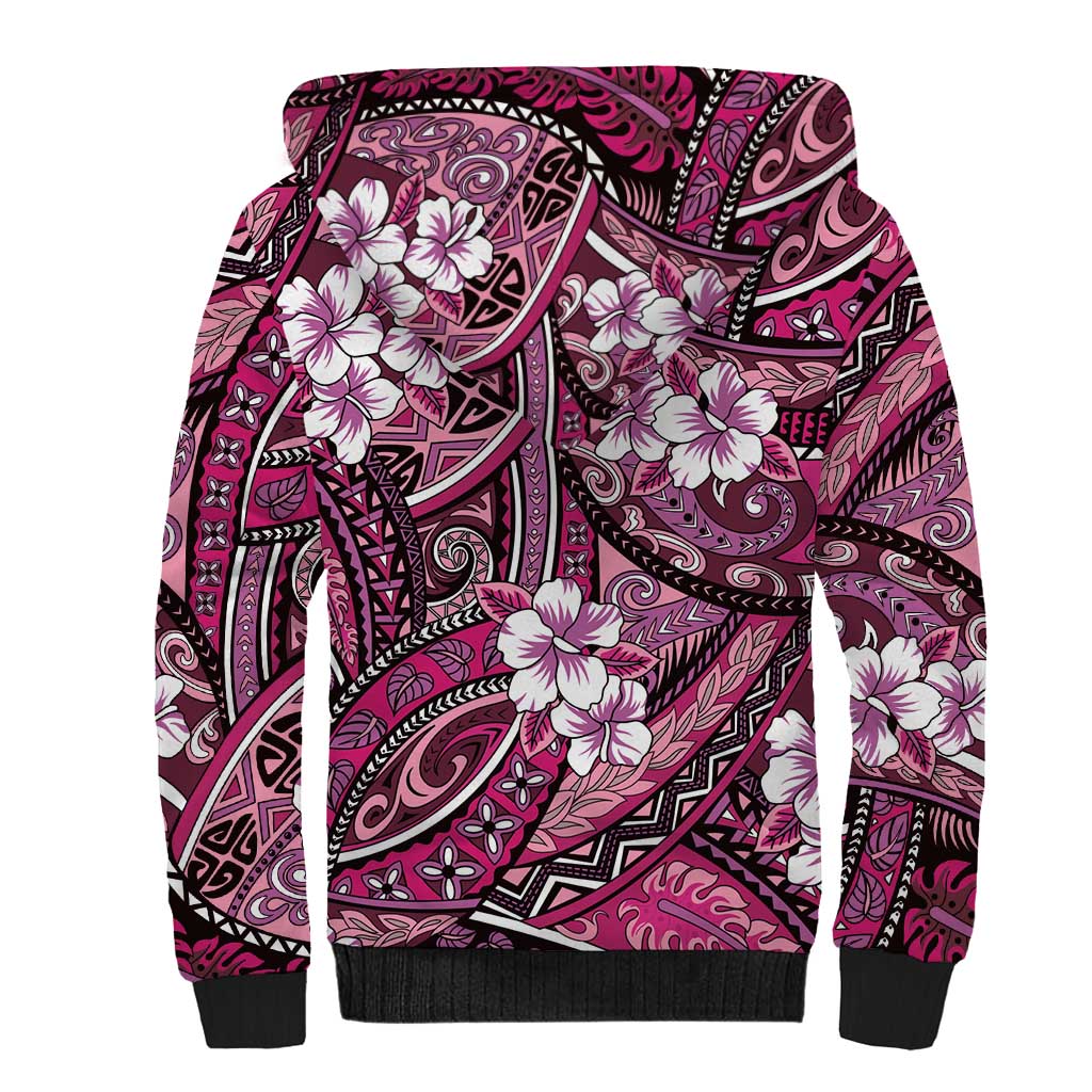 Polynesian Hibiscus Tropical Pink Floral Sherpa Hoodie Tribal Pattern - Polynesian Pride