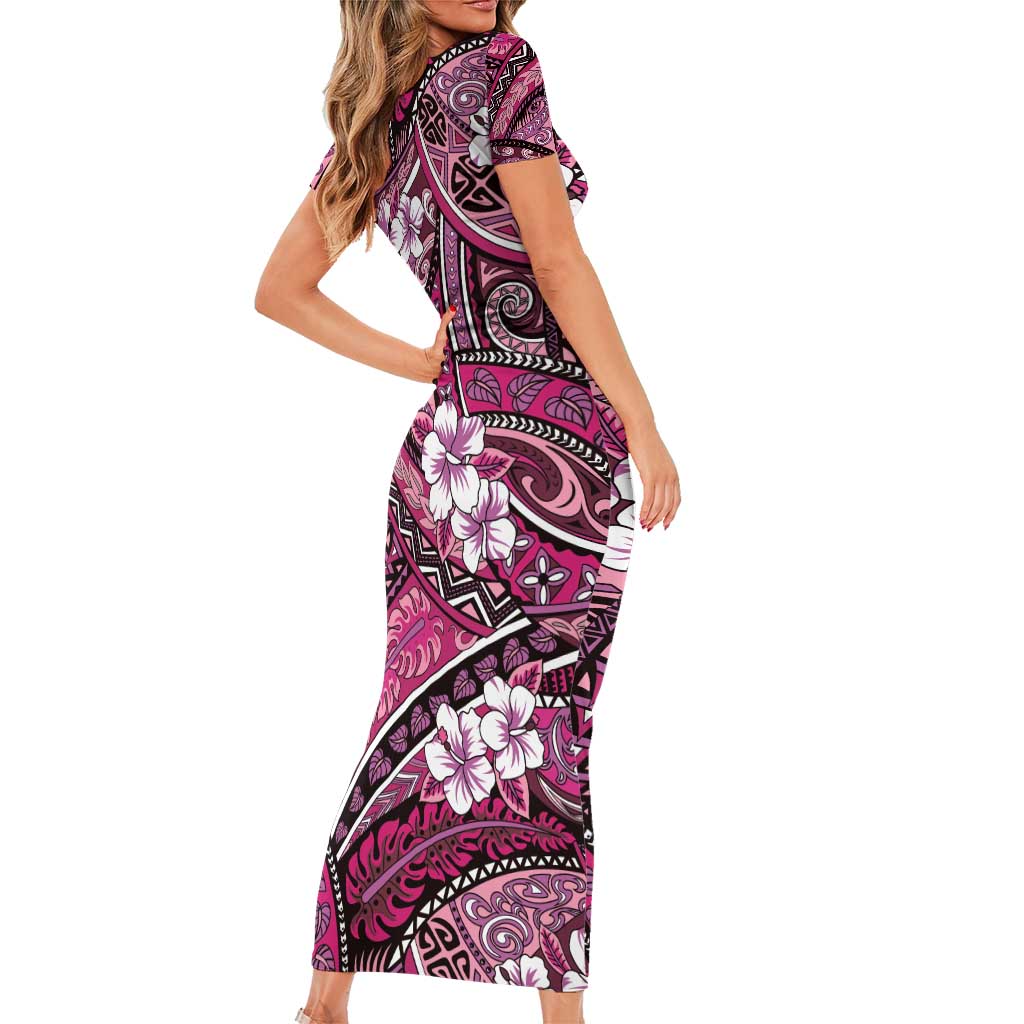 Polynesian Hibiscus Tropical Pink Floral Short Sleeve Bodycon Dress Tribal Pattern - Polynesian Pride