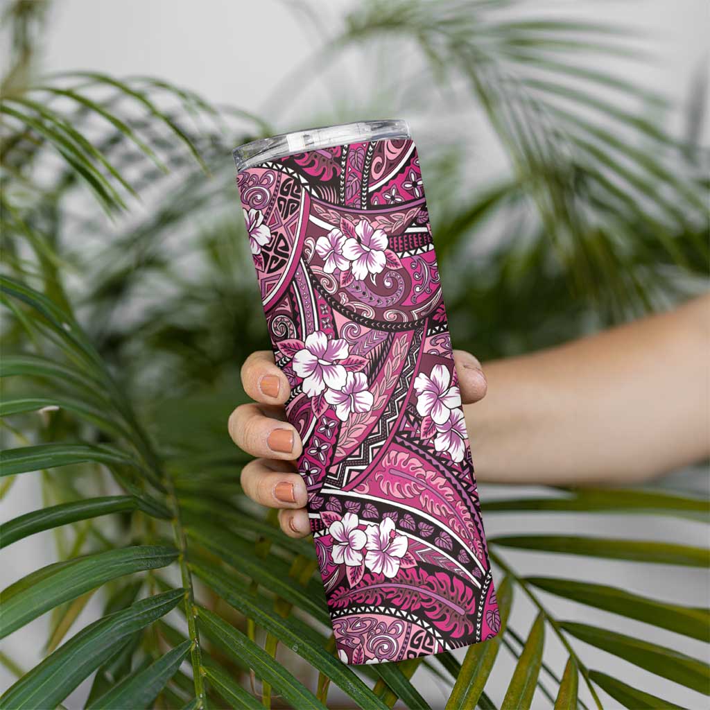 Polynesian Hibiscus Tropical Pink Floral Skinny Tumbler Tribal Pattern - Polynesian Pride