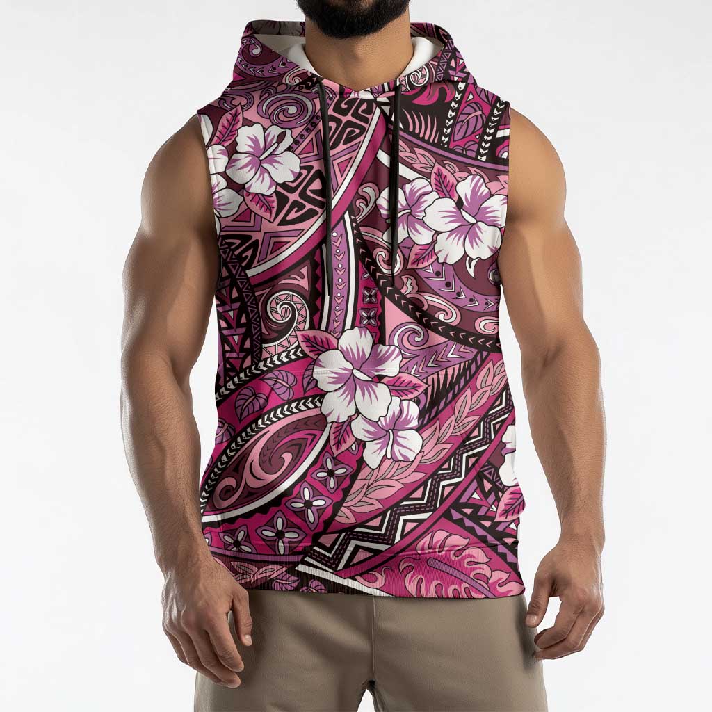 Polynesian Hibiscus Tropical Pink Floral Sleeveless Hoodie Tribal Pattern - Polynesian Pride