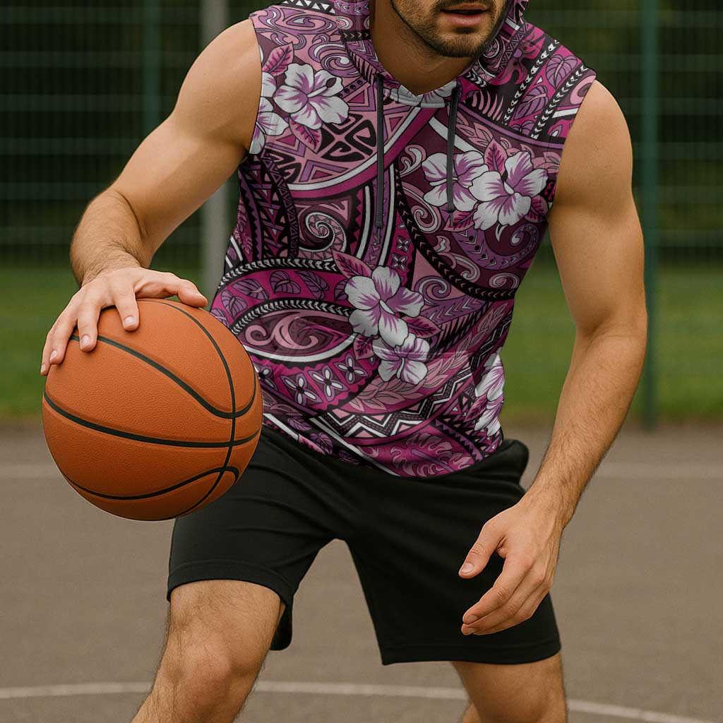 Polynesian Hibiscus Tropical Pink Floral Sleeveless Hoodie Tribal Pattern - Polynesian Pride