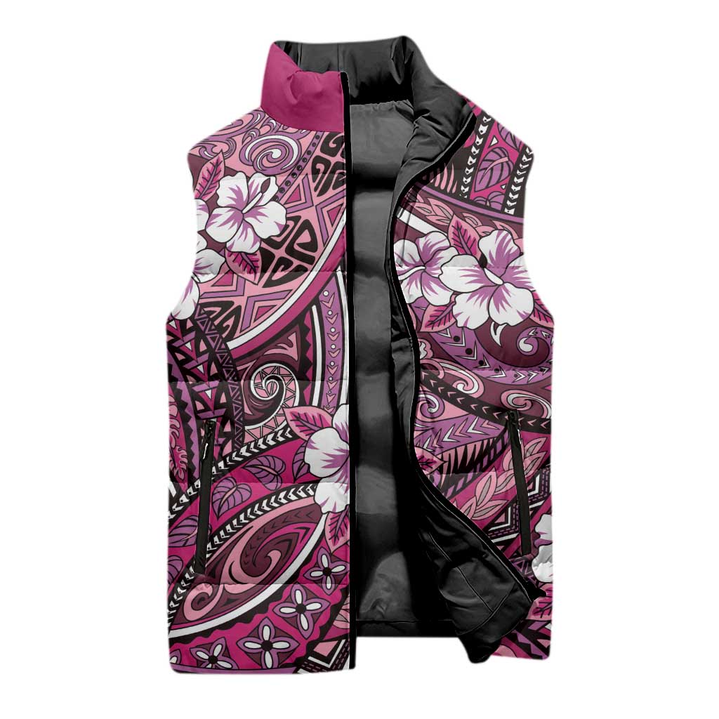Polynesian Hibiscus Tropical Pink Floral Sleeveless Puffer Jacket Tribal Pattern - Polynesian Pride