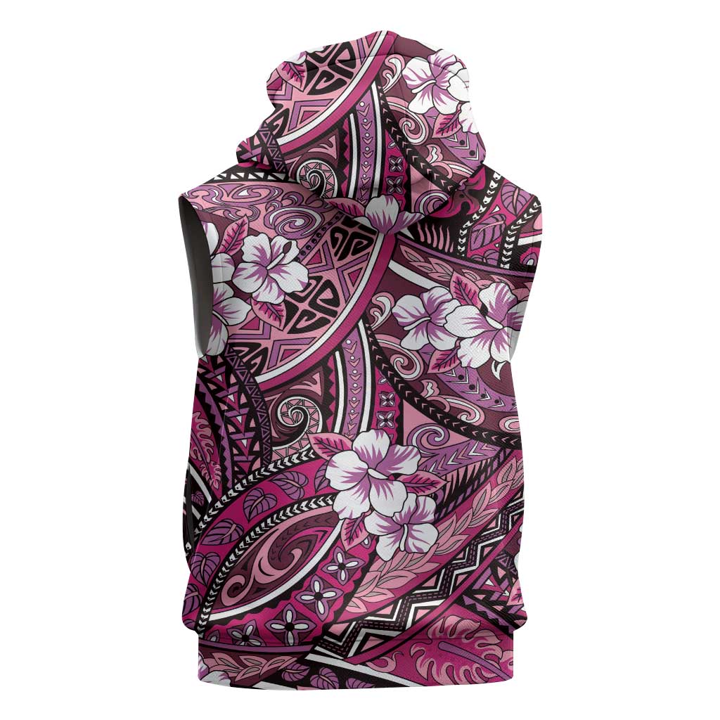 Polynesian Hibiscus Tropical Pink Floral Sleeveless Zip Hoodie Tribal Pattern - Polynesian Pride