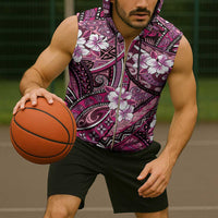 Polynesian Hibiscus Tropical Pink Floral Sleeveless Zip Hoodie Tribal Pattern - Polynesian Pride