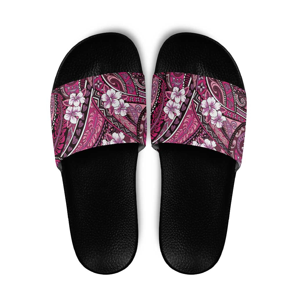 Polynesian Hibiscus Tropical Pink Floral Slide Sandals Tribal Pattern - Polynesian Pride