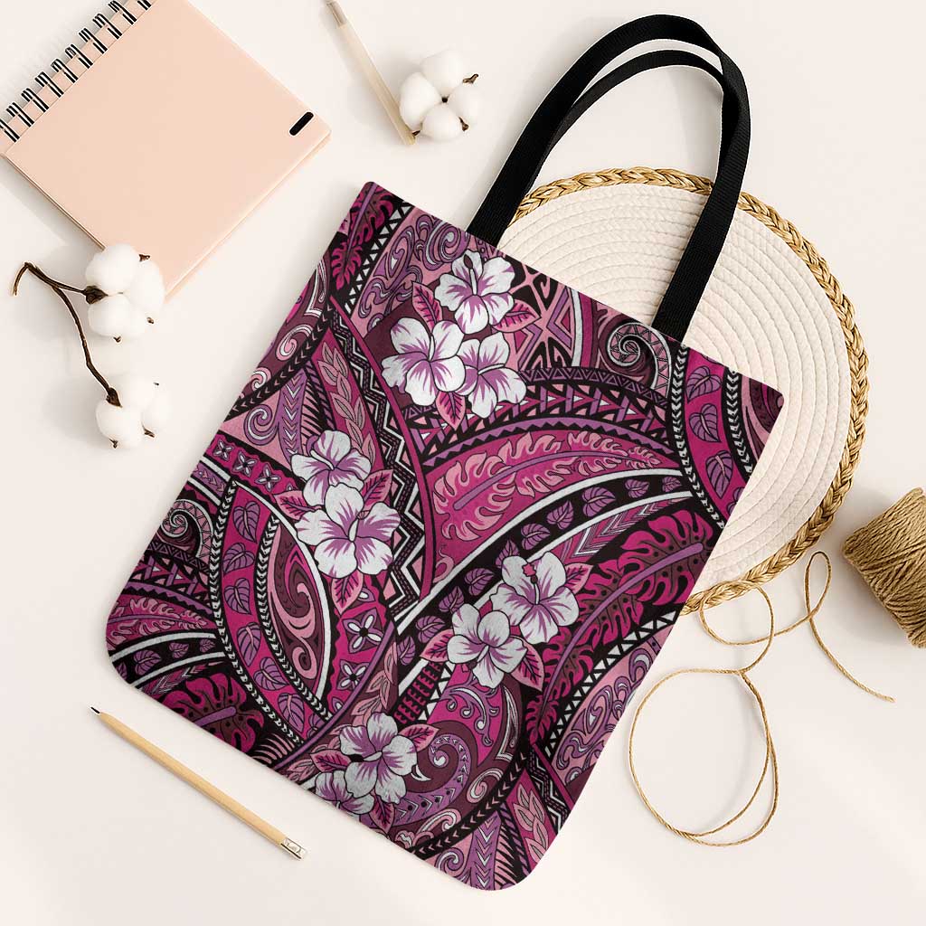 Polynesian Hibiscus Tropical Pink Floral Tote Bag Tribal Pattern LT01 Black Strap One Size Pink - Polynesian Pride