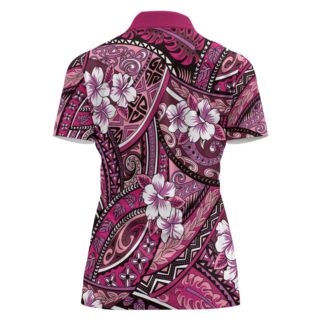Polynesian Hibiscus Tropical Pink Floral Women Polo Shirt Tribal Pattern - Polynesian Pride