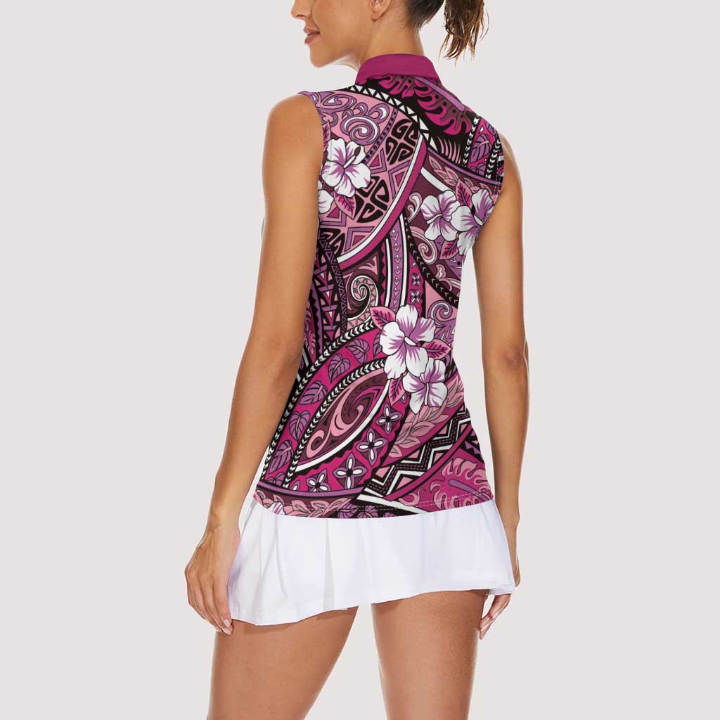 Polynesian Hibiscus Tropical Pink Floral Women Sleeveless Polo Shirt Tribal Pattern LT01 - Polynesian Pride