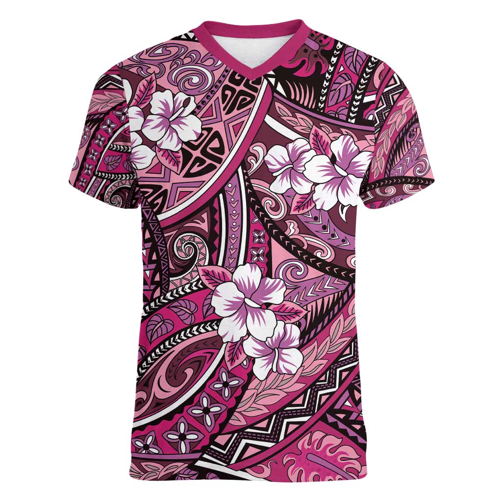 Polynesian Hibiscus Tropical Pink Floral Women V-Neck T-Shirt Tribal Pattern LT01 Female Pink - Polynesian Pride
