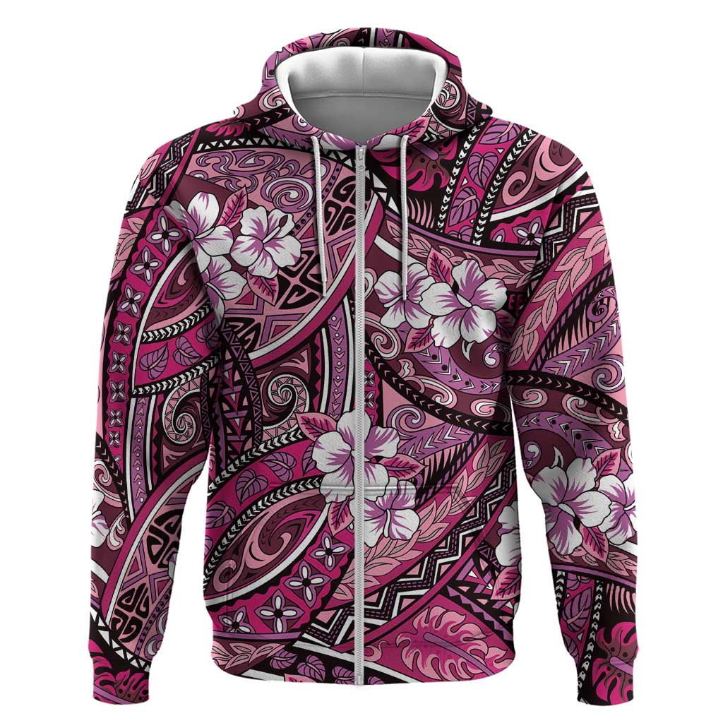 Polynesian Hibiscus Tropical Pink Floral Zip Hoodie Tribal Pattern LT01 Zip Hoodie Pink - Polynesian Pride