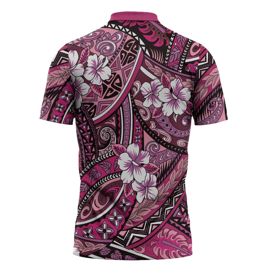 Polynesian Hibiscus Tropical Pink Floral Zipper Polo Shirt Tribal Pattern - Polynesian Pride