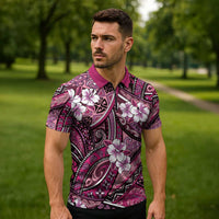 Polynesian Hibiscus Tropical Pink Floral Zipper Polo Shirt Tribal Pattern - Polynesian Pride