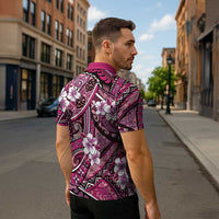 Polynesian Hibiscus Tropical Pink Floral Zipper Polo Shirt Tribal Pattern - Polynesian Pride