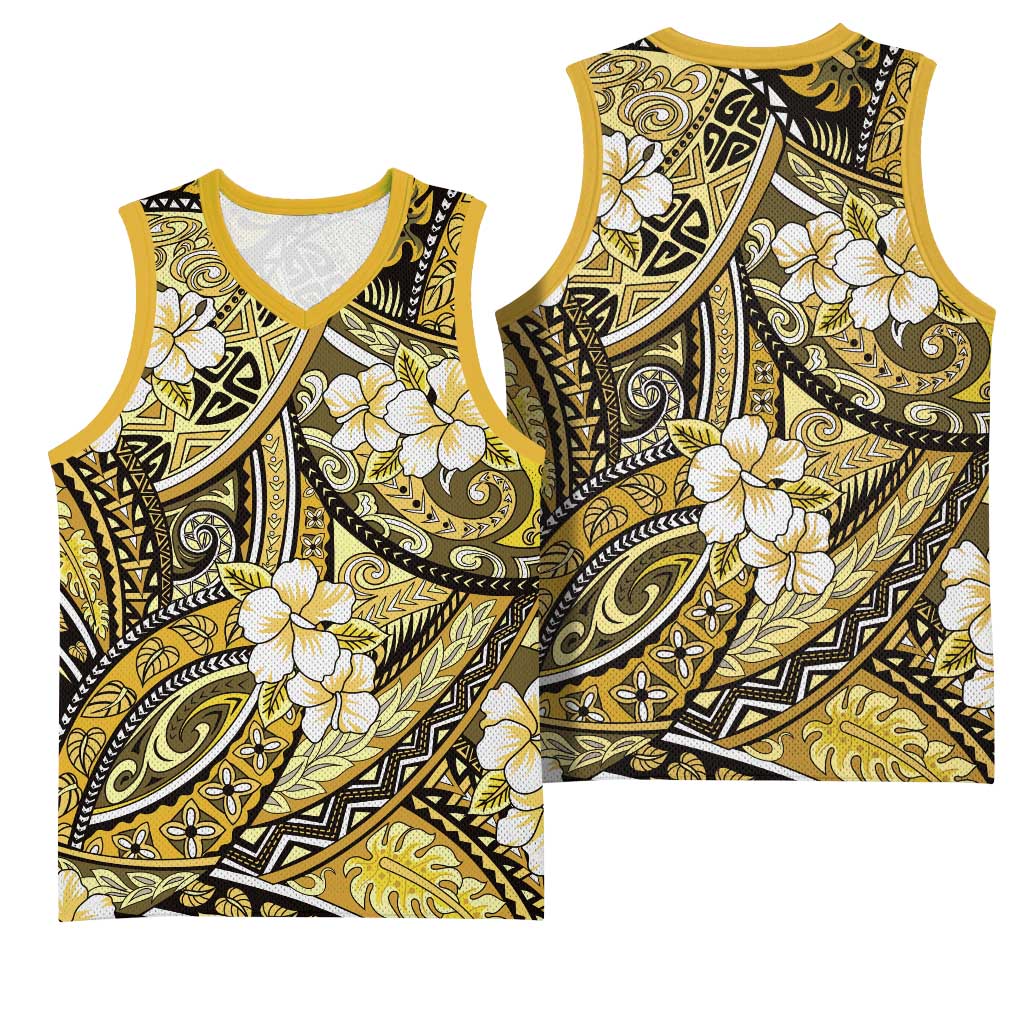 Polynesian Hibiscus Tropical Yellow Floral Basketball Jersey Tribal Pattern - Polynesian Pride