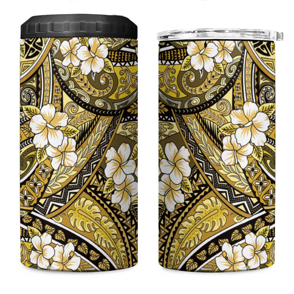 Polynesian Hibiscus Tropical Yellow Floral 4 in 1 Can Cooler Tumbler Tribal Pattern - Polynesian Pride