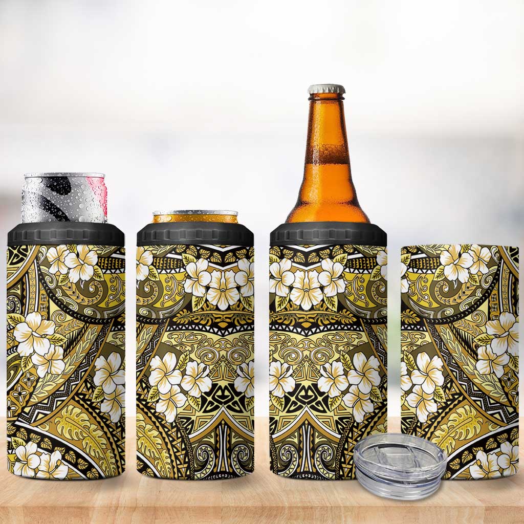 Polynesian Hibiscus Tropical Yellow Floral 4 in 1 Can Cooler Tumbler Tribal Pattern - Polynesian Pride
