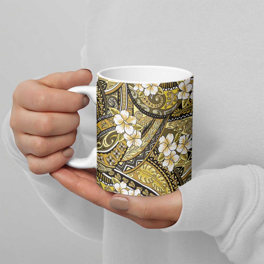 Polynesian Hibiscus Tropical Yellow Floral Ceramic Mug Tribal Pattern - Polynesian Pride